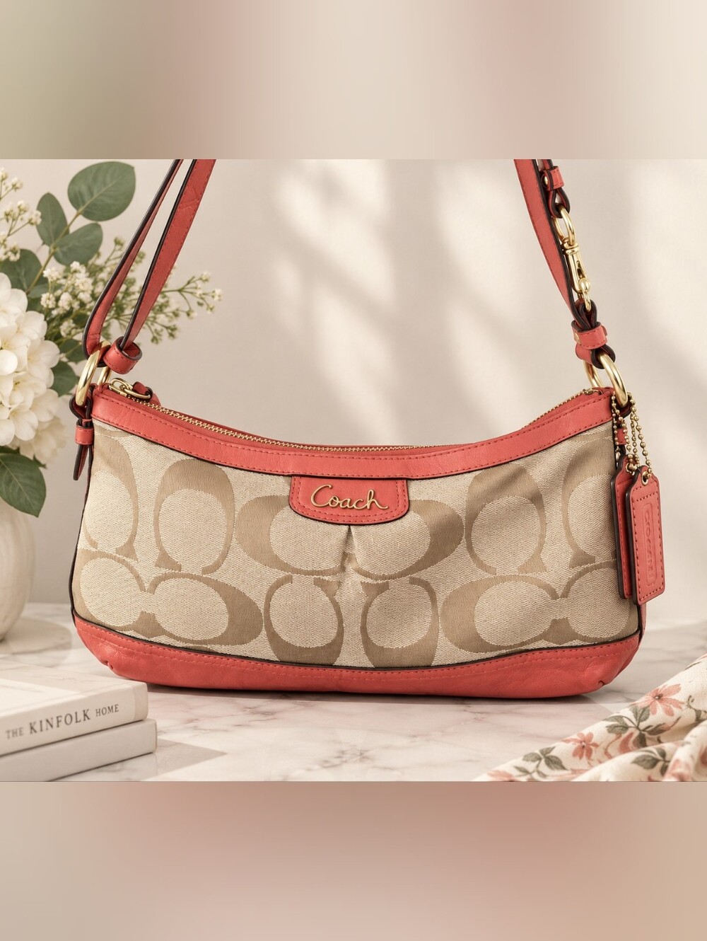 Coach Park Signature East West Jacquard Shoulder Bag in Coral
